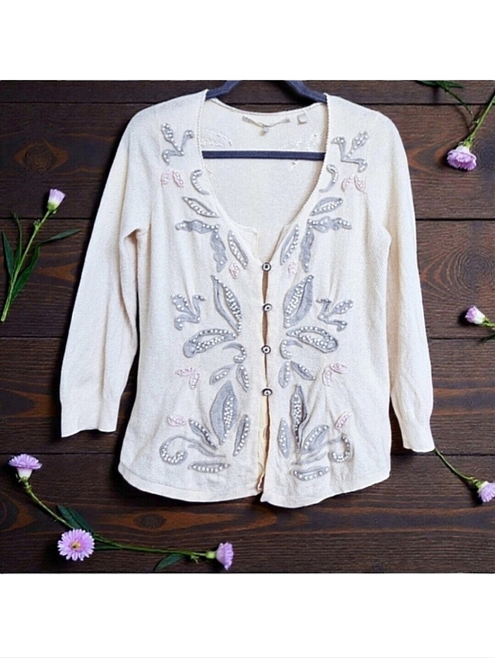 Knitted & Knotted Cotton Cashmere Blend Floral Applique Cottagecore Cardigan Med